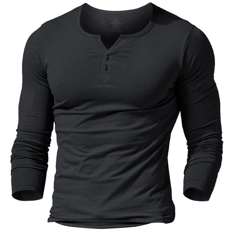 palglg Mens Long Sleeve Muscle Slim Fitted Cotton Henley T-Shirt with Buttons Black XL - Image 1